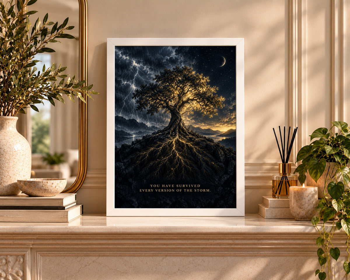Stormlit Tree of Resilience – Resilience Quote Fantasy Poster