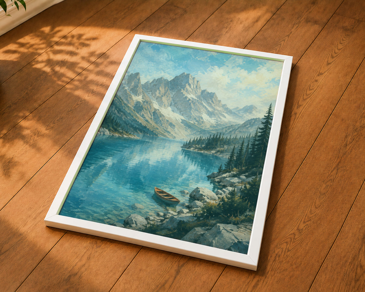 Alpine Lake and Rowboat – Serene Mountain Landscape Art Print