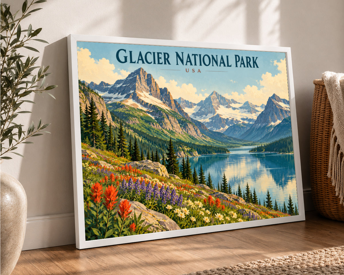 Glacier National Park Vista – Retro Travel Landscape Art Print
