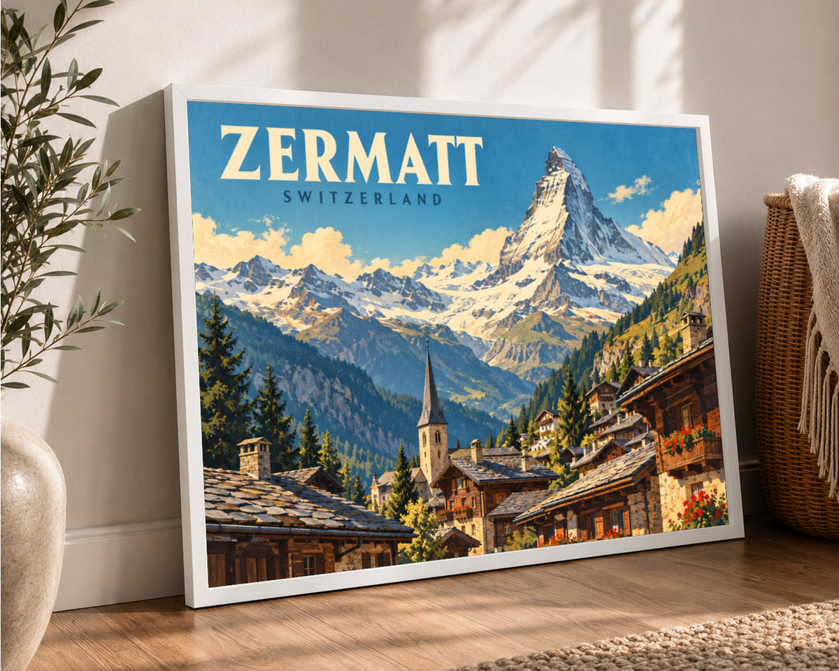 Zermatt Mountain Village – Swiss Alpine Travel Poster