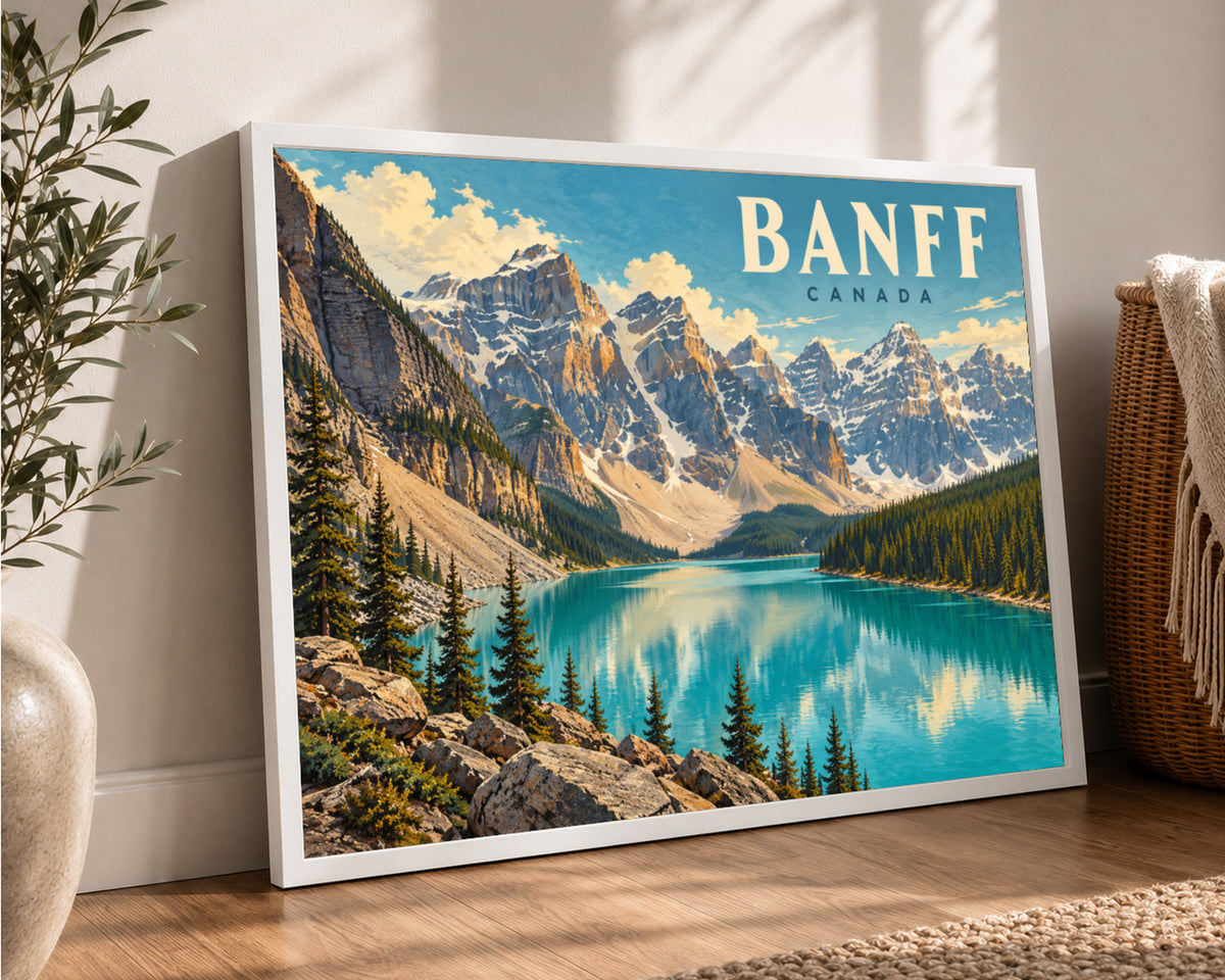Banff Canada Mountain Lake Poster – Retro Scenic Travel Print Wall Art