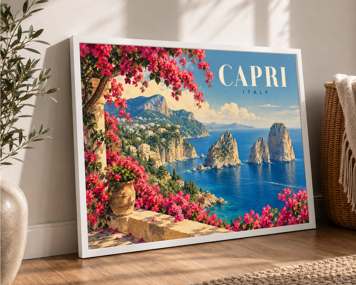 Capri Coastline with Bougainvillea – Vintage Travel Poster Art Print