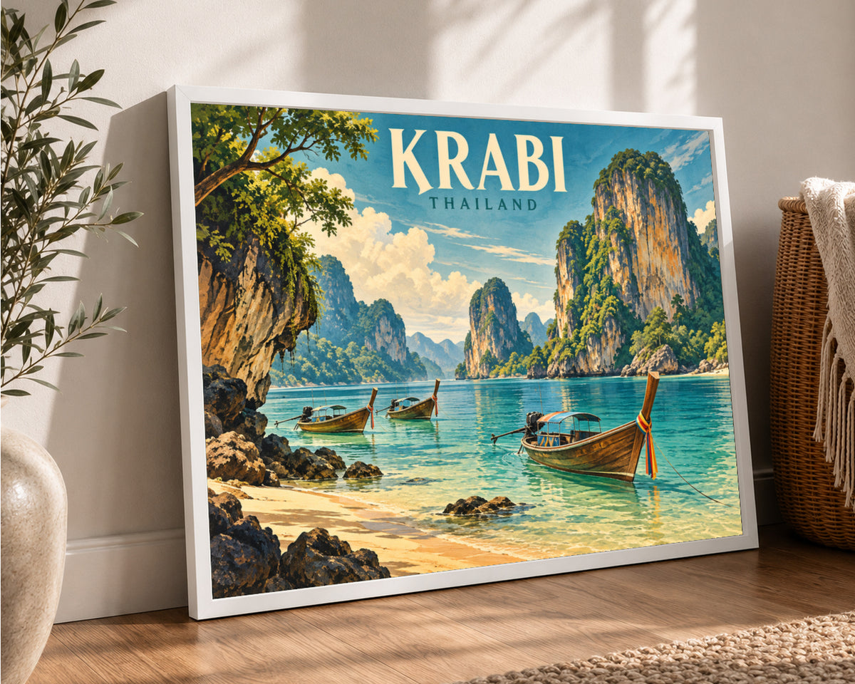 Krabi Thailand Seascape – Retro Travel Poster Art Print
