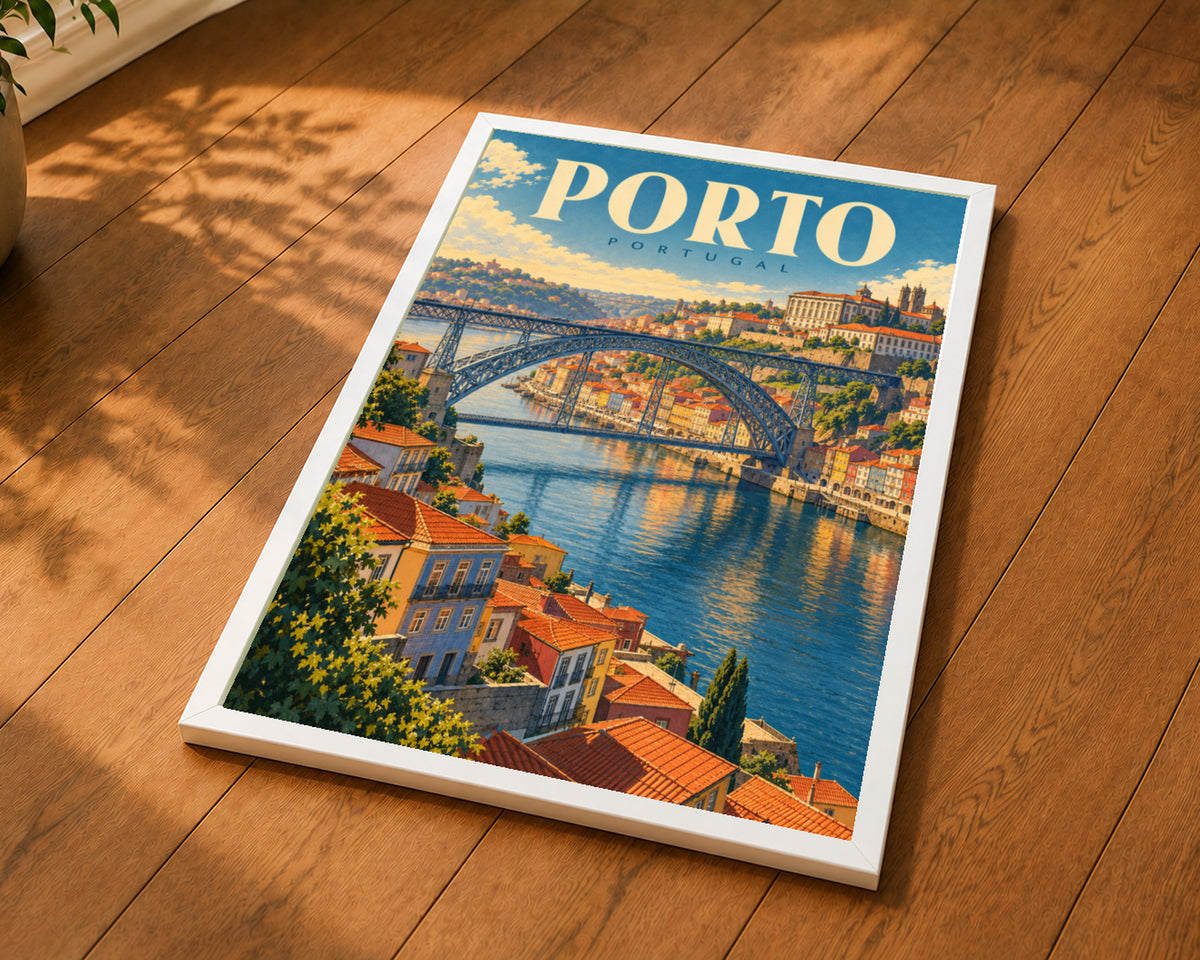 Porto Portugal Travel Poster – Vintage Riverside Cityscape Art Print