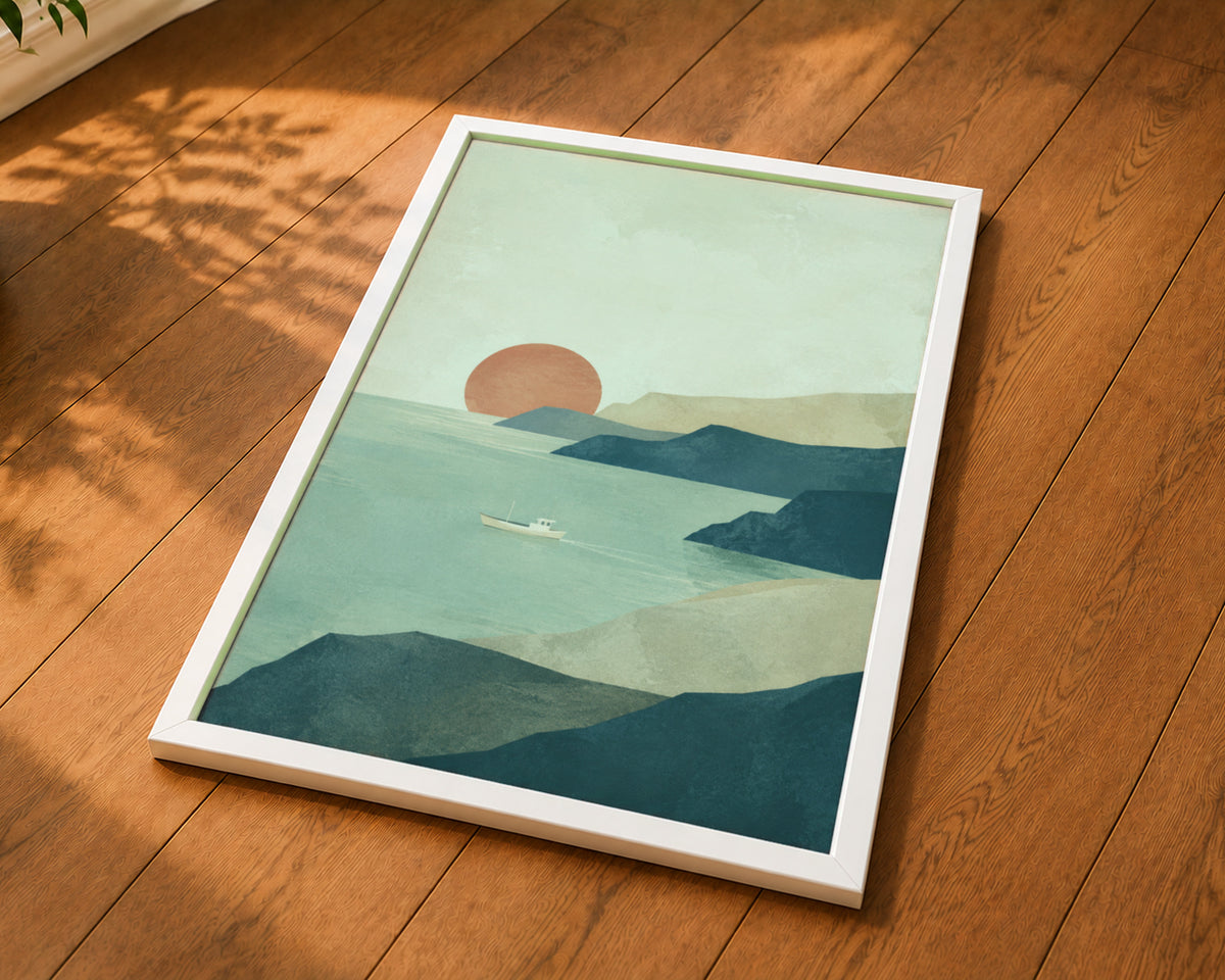 Coastal Sunset Sail – Minimal Coastal Landscape Art Print