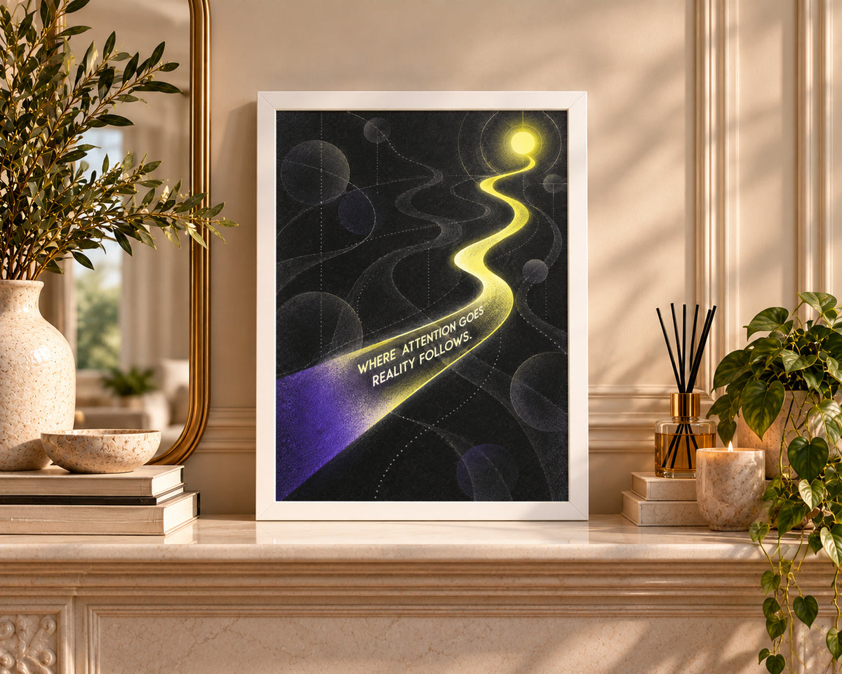 Where Attention Goes, Reality Follows – Abstract Typography Poster