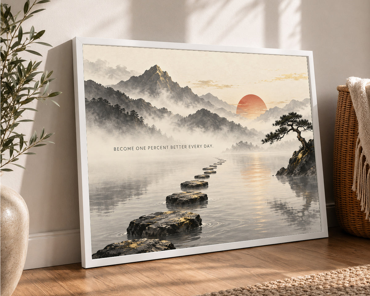 Misty Mountain Path at Sunrise – Self-Improvement Landscape Art Print