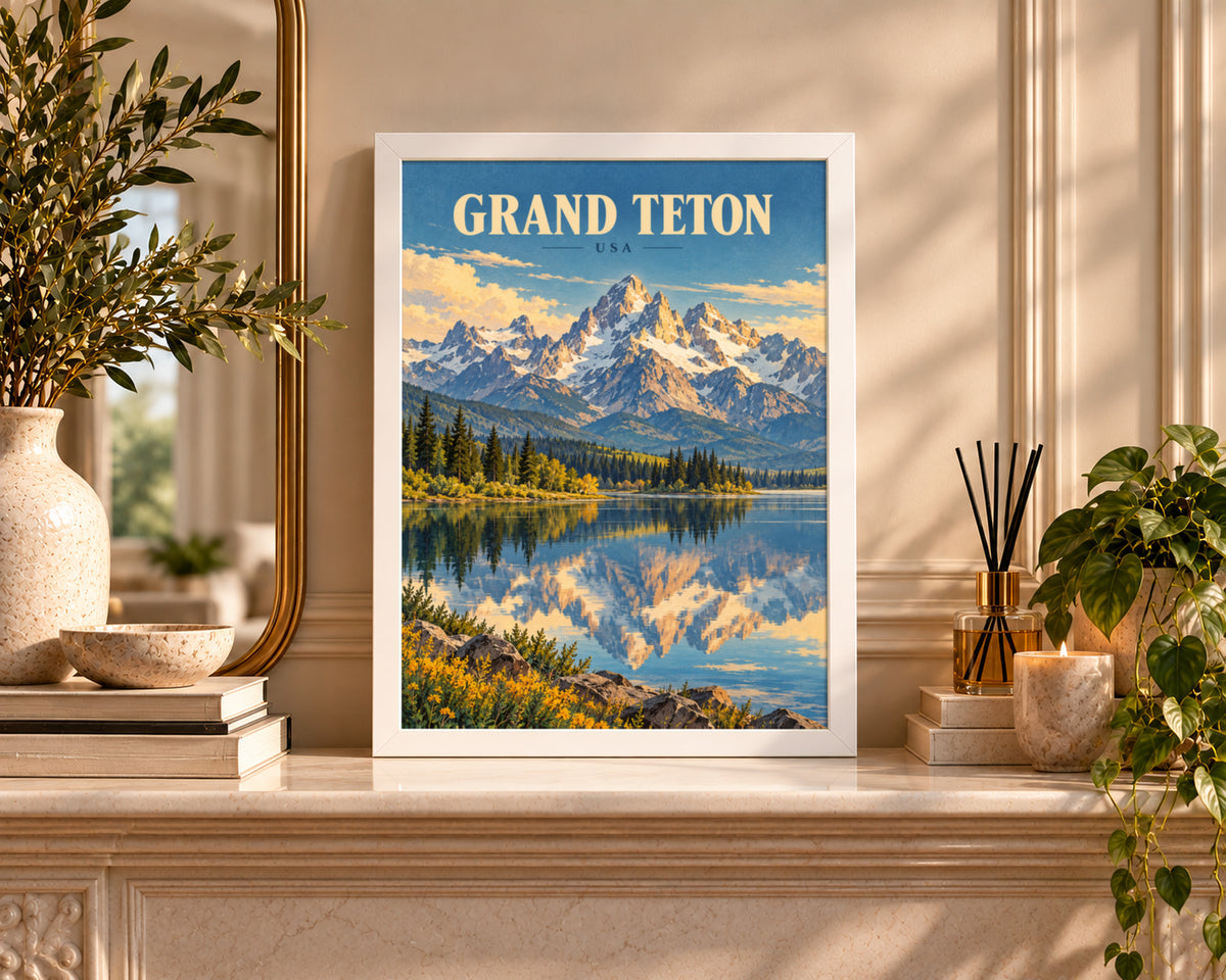 Grand Teton USA – Vintage Travel-Poster Lake and Mountain Wall Art