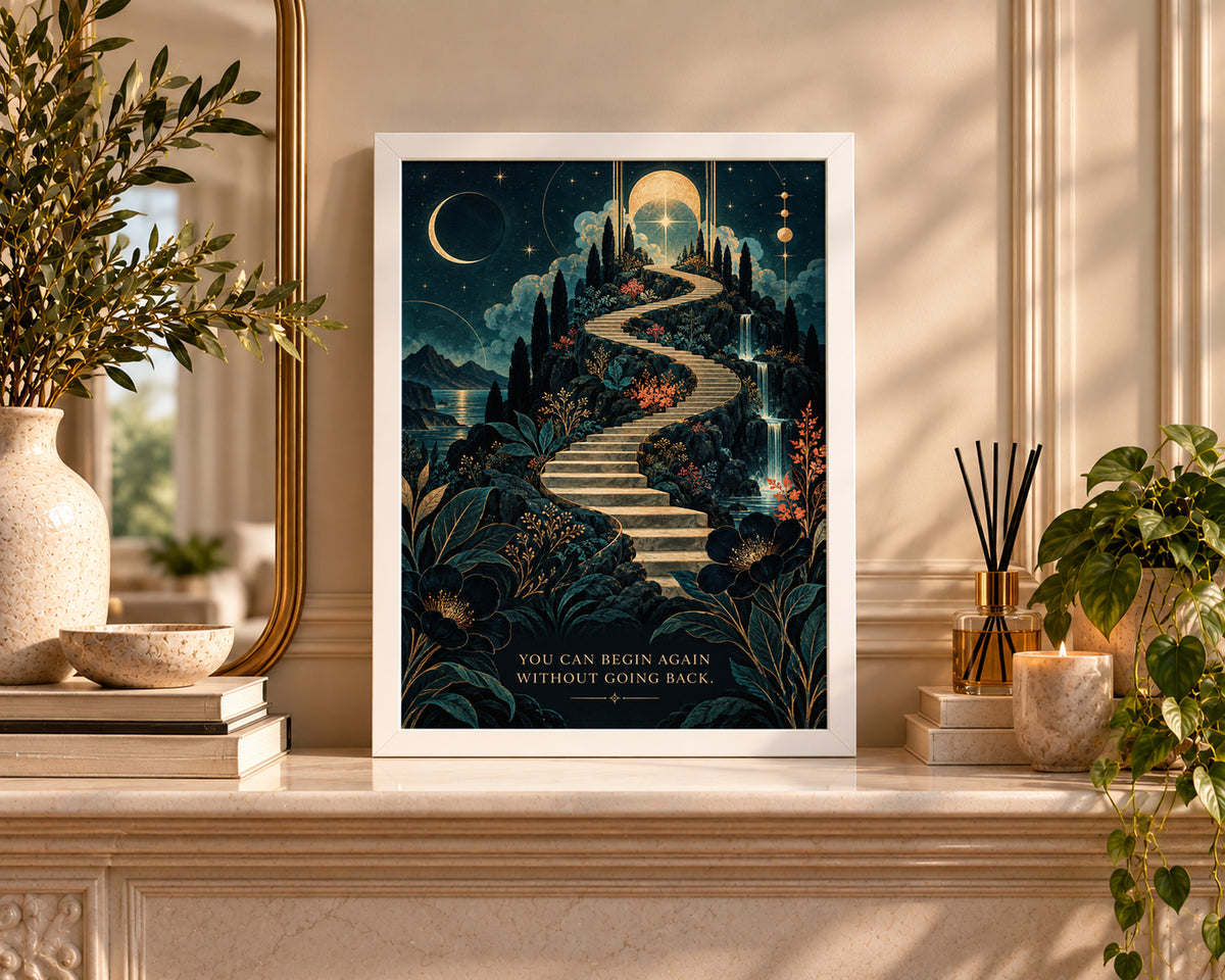 Celestial Stairway to Renewal – Renewal Quote Fantasy Landscape Poster