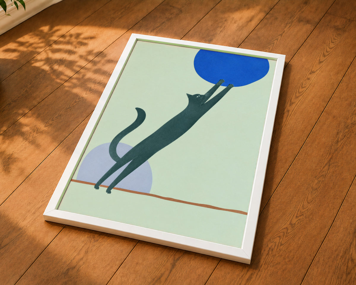 Black Cat and Blue Circle – Minimalist Cat Art Print