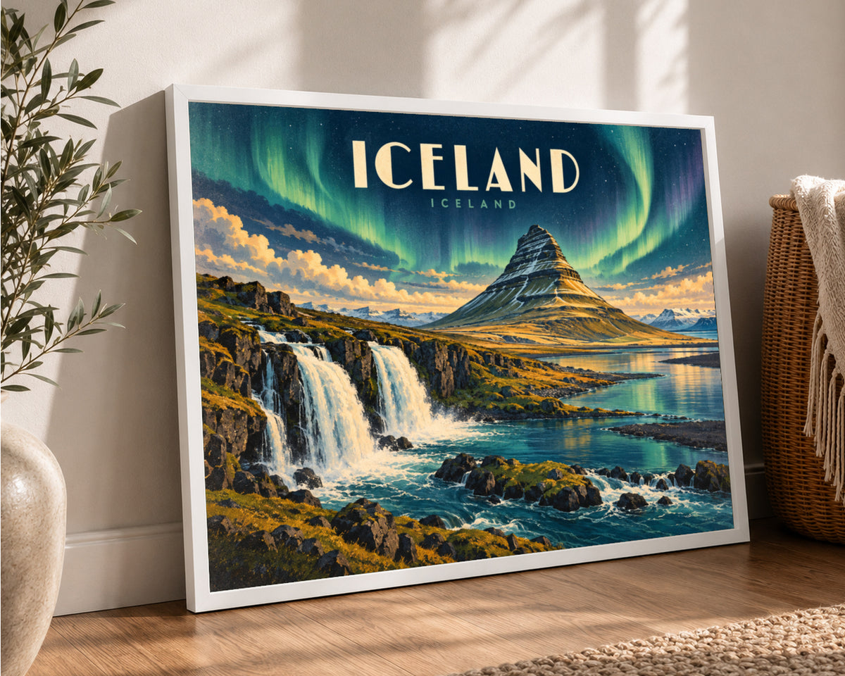 Iceland Aurora Landscape – Nordic Aurora Waterfall Art Print