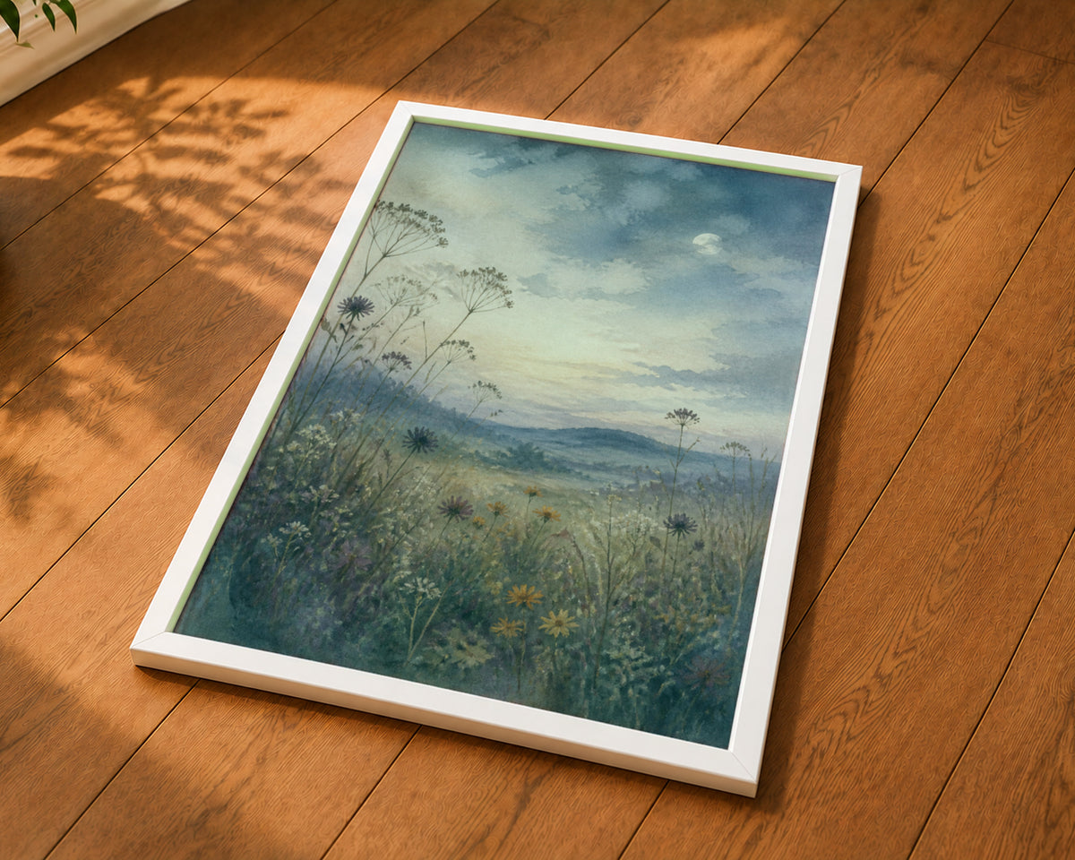 Moonlit Wildflower Meadow – Serene Watercolour Landscape Art Print
