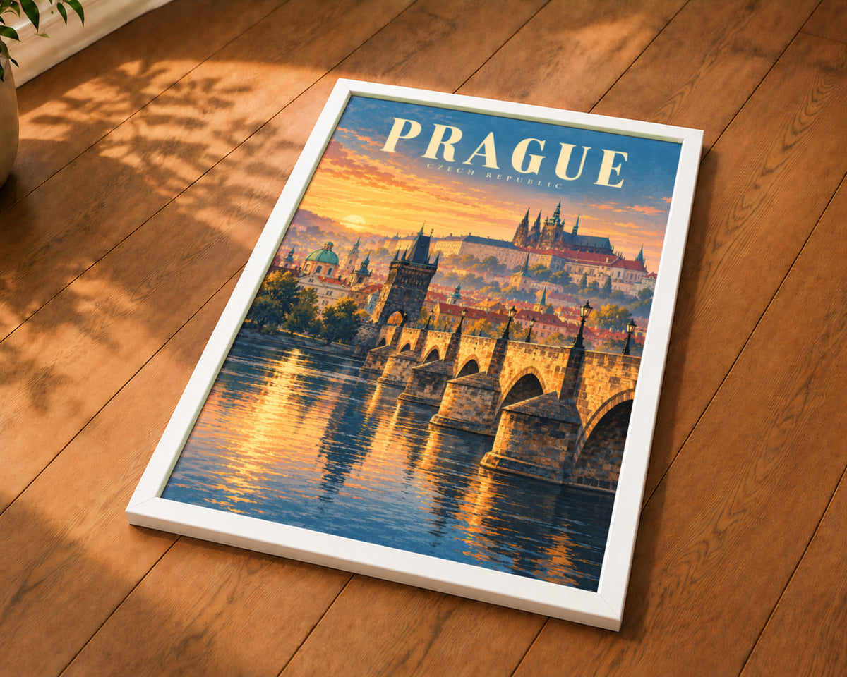 Prague Sunset Bridge – Vintage Travel Poster Art Print