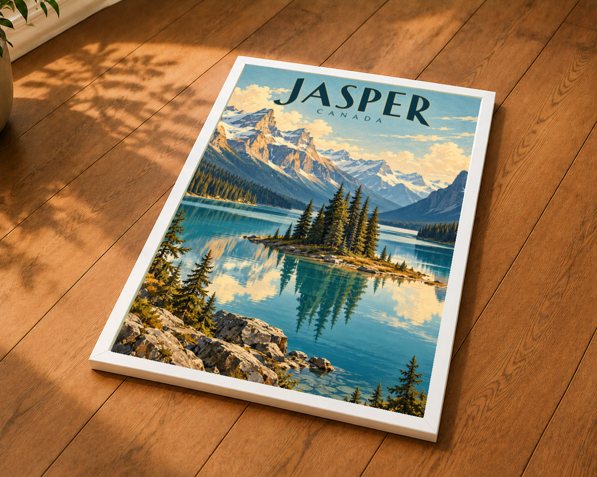 Jasper Canada Mountain Lake – Art Deco Travel Landscape Art Print