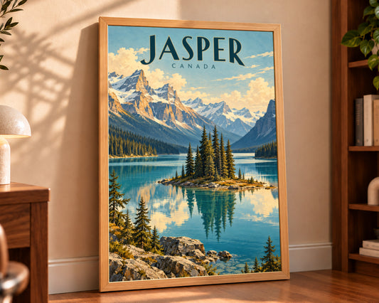 Jasper Canada Mountain Lake – Art Deco Travel Landscape Art Print
