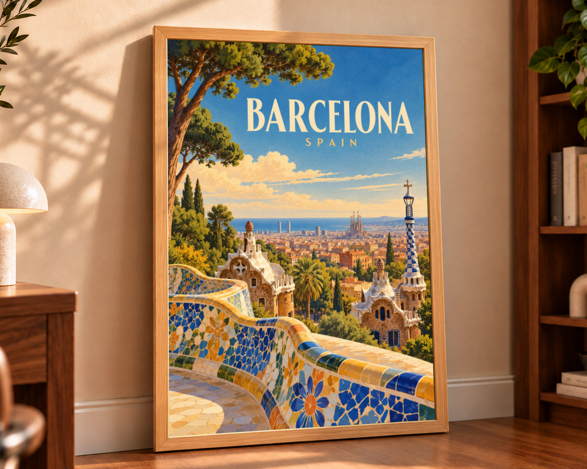 Barcelona Skyline Poster – Retro Travel Cityscape Art Print