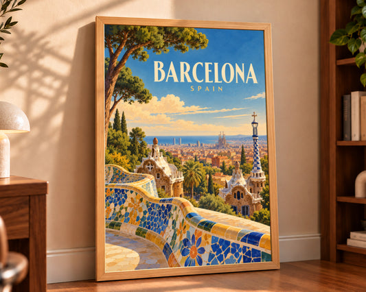 Barcelona Skyline Poster – Retro Travel Cityscape Art Print