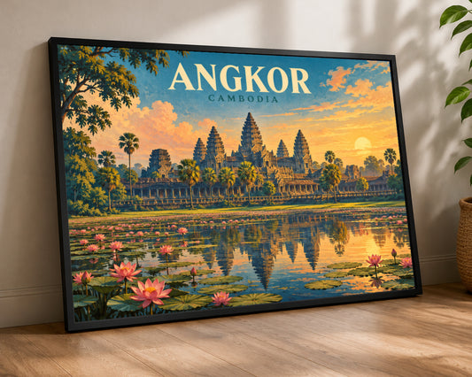 Angkor Cambodia Sunset – Vintage Travel Poster Wall Art