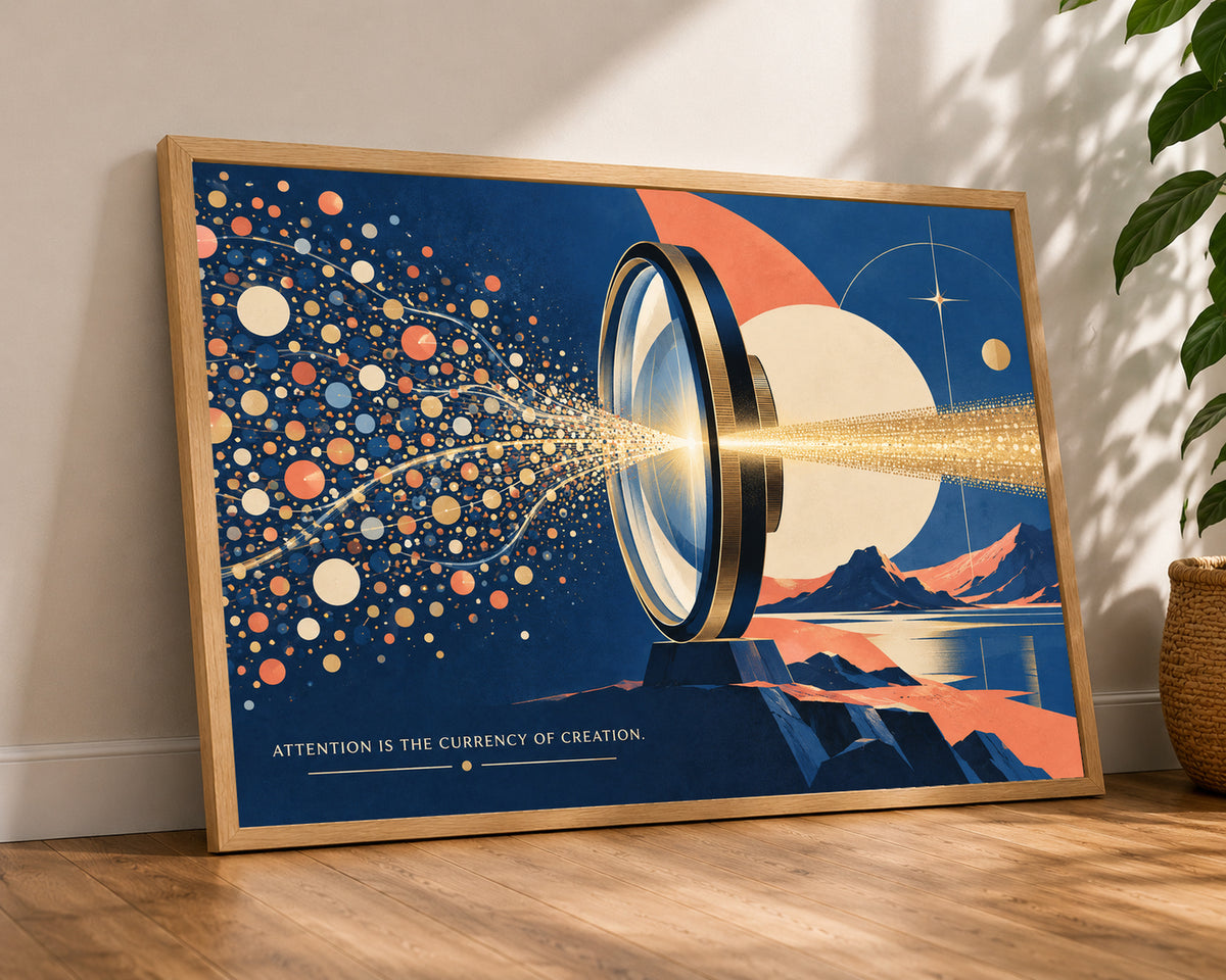 Attention is the Currency of Creation – Retro-Futurist Creative Focus Poster