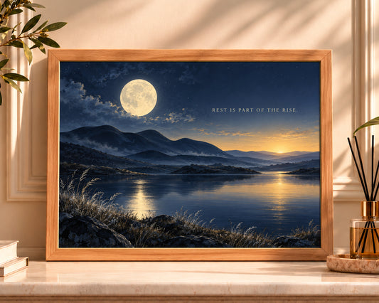 Rest Is Part of the Rise – Moonlit Mountain Lake Quote Art Print