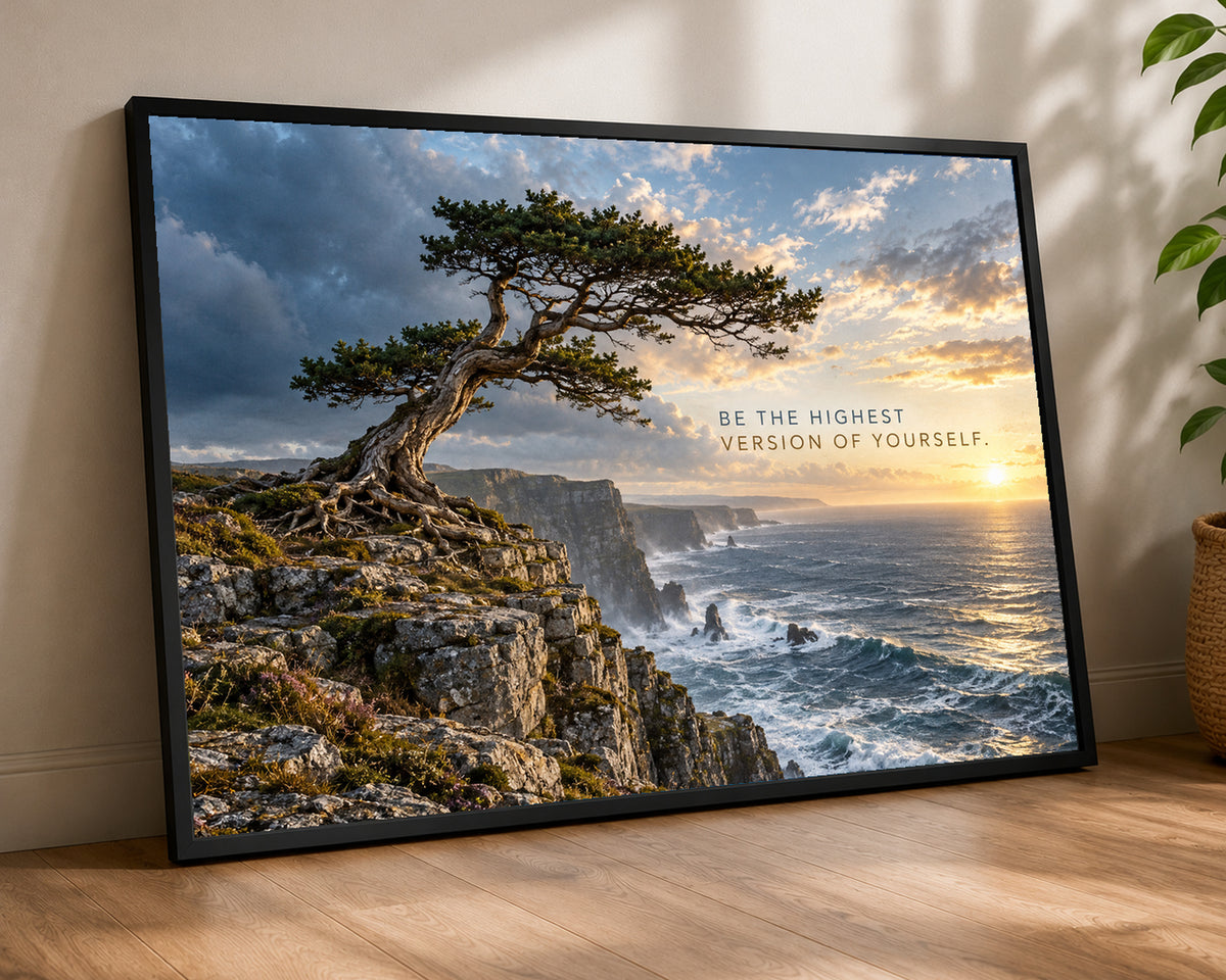Coastal Tree at Sunset – Inspirational Ocean Landscape Art Print