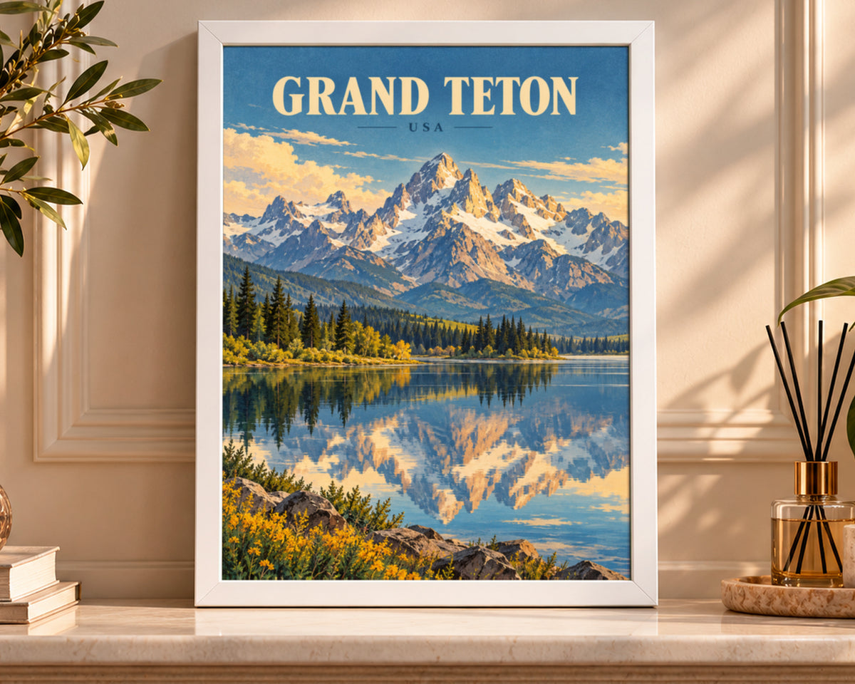 Grand Teton USA – Vintage Travel-Poster Lake and Mountain Wall Art