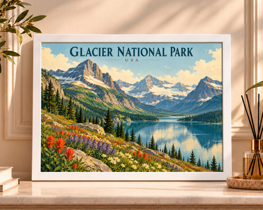 Glacier National Park Vista – Retro Travel Landscape Art Print