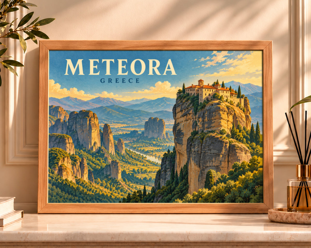 Meteora Greece – Retro Vintage Mountain Landscape Poster