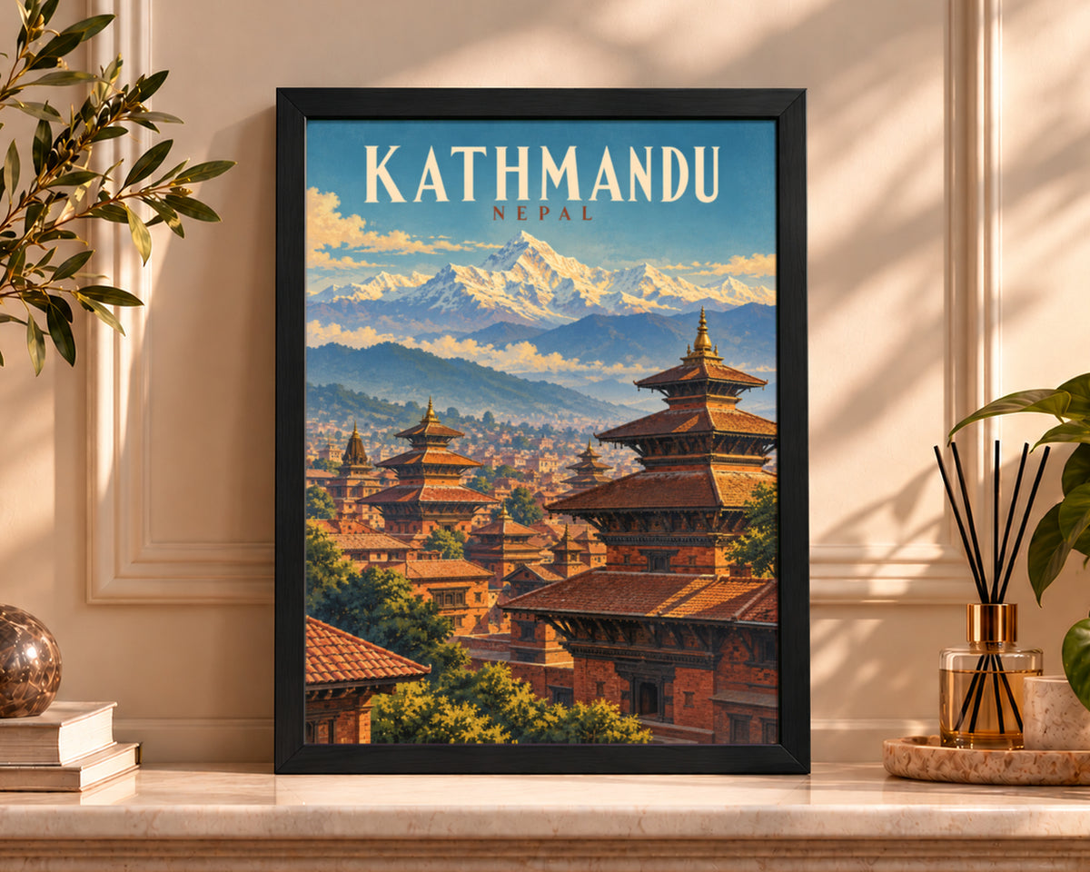 Kathmandu Nepal Mountain Cityscape – Vintage Himalayan Travel Art Poster