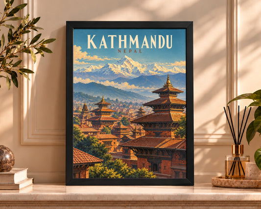 Kathmandu Nepal Mountain Cityscape – Vintage Himalayan Travel Art Poster