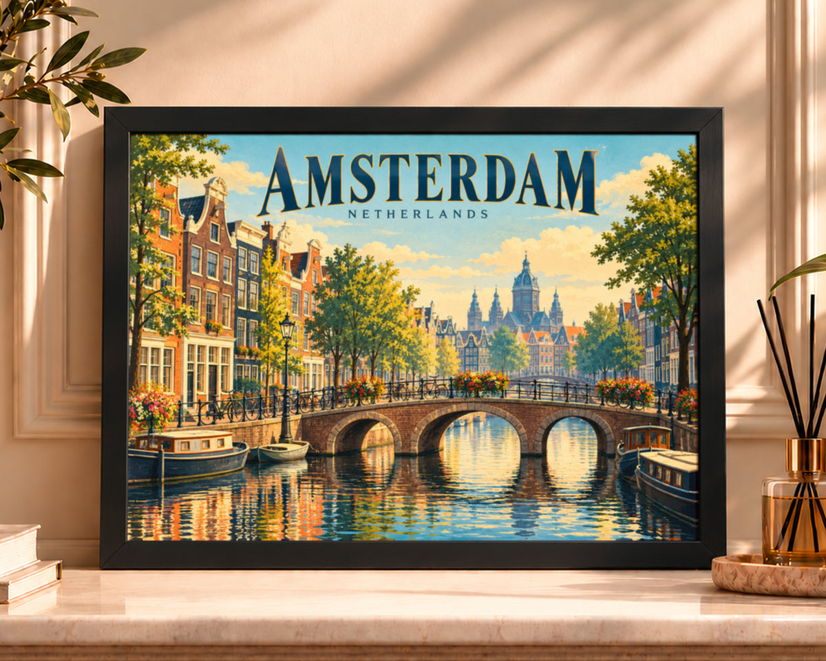 Amsterdam Canal Bridge – Retro Travel Wall Art