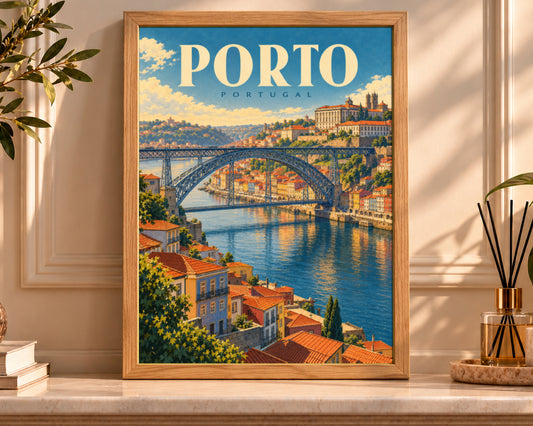 Porto Portugal Travel Poster – Vintage Riverside Cityscape Art Print