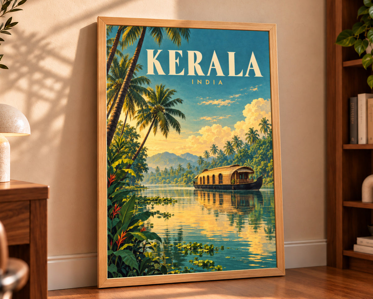 Kerala India Tropical River Scene – Vintage Travel Poster Wall Art
