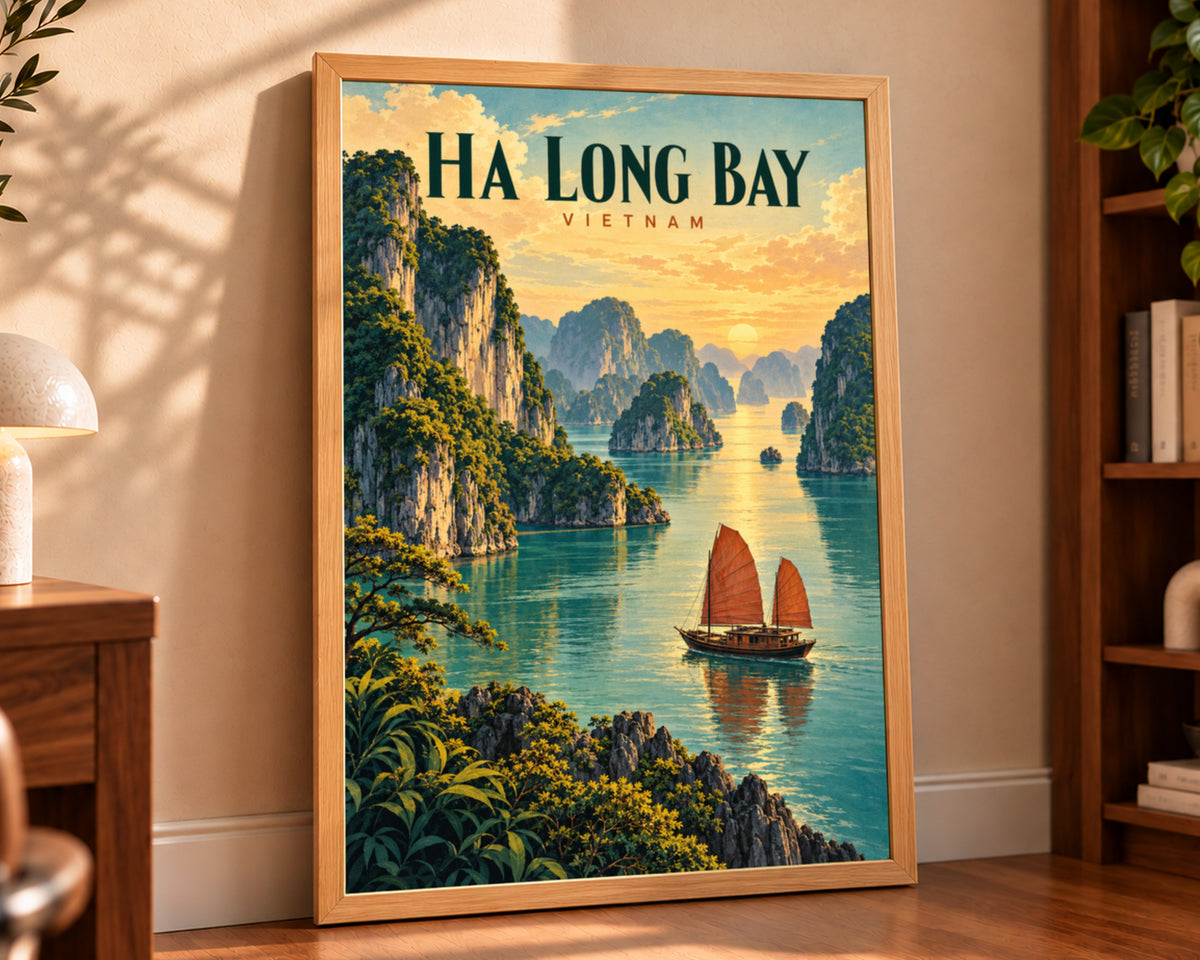 Ha Long Bay Sunset Sail – Vintage Travel Poster Wall Art