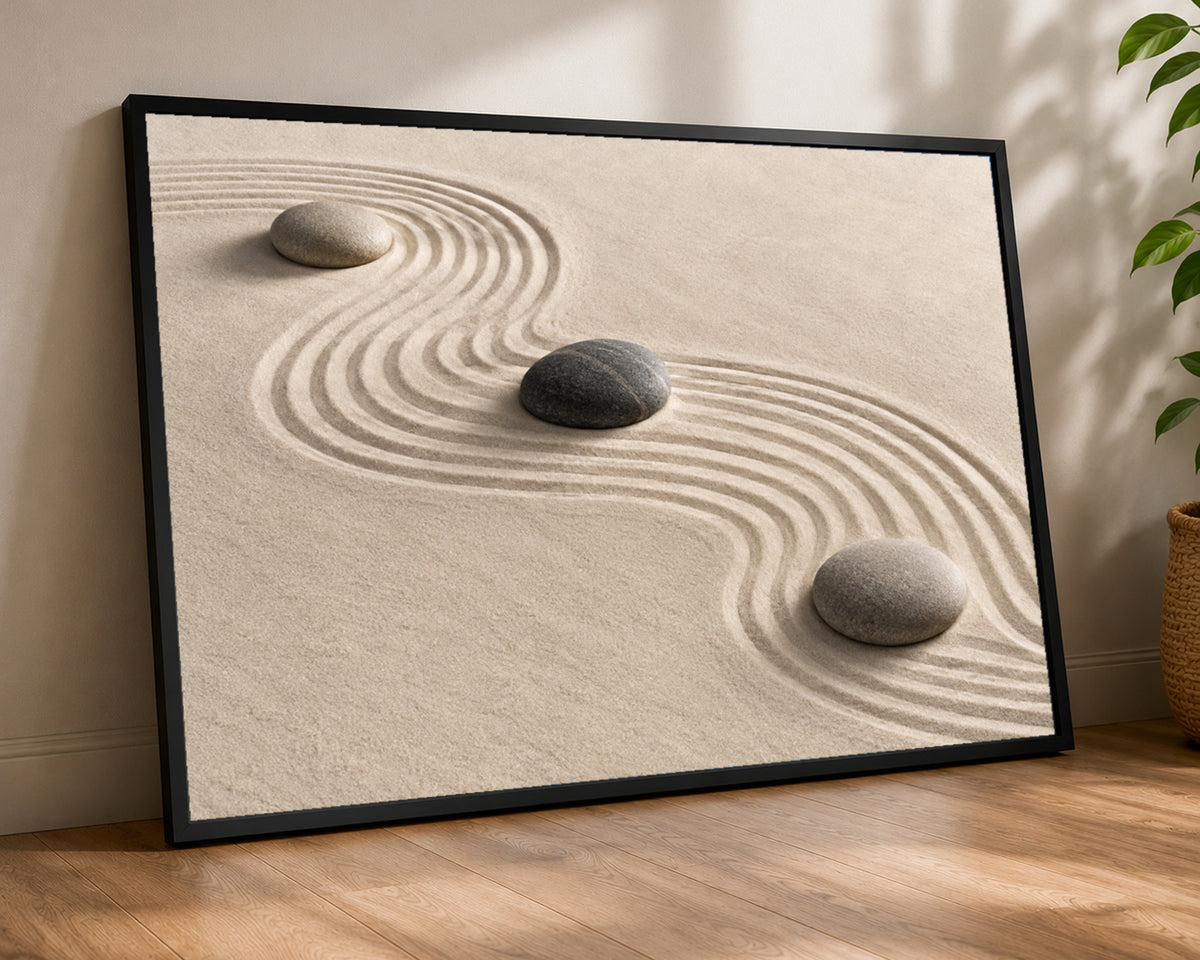 Zen Sand Ripples with Stones – Minimalist Calm Wall Art