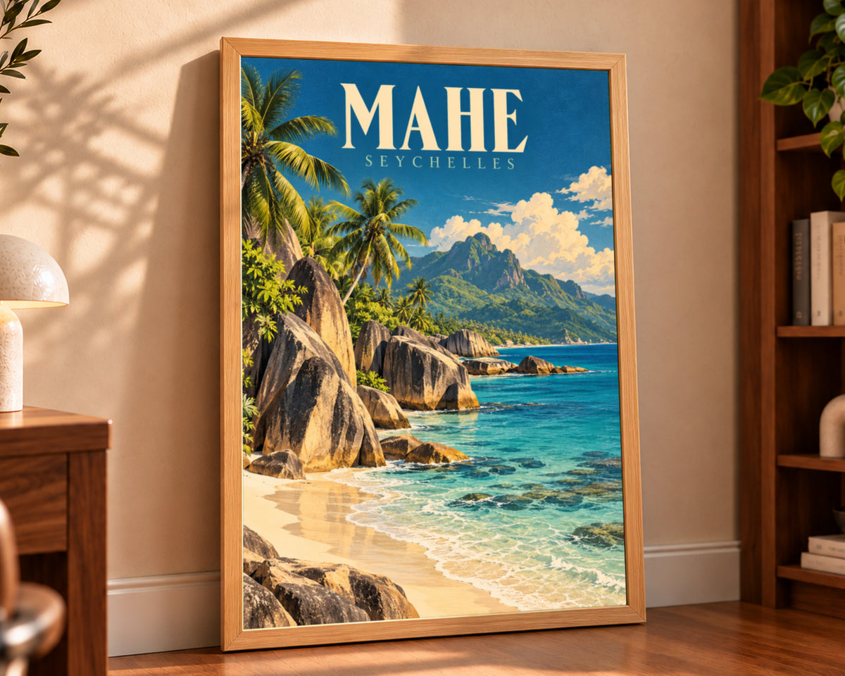 Mahé Seychelles Tropical Coast – Retro Tropical Travel Poster