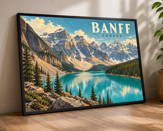 Banff Canada Mountain Lake Poster – Retro Scenic Travel Print Wall Art