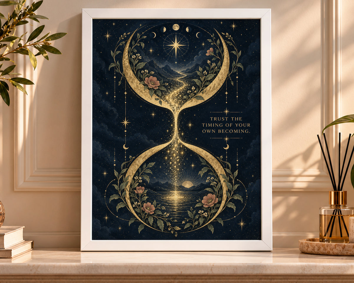 Trust the Timing of Your Own Becoming – Celestial Hourglass Art Print