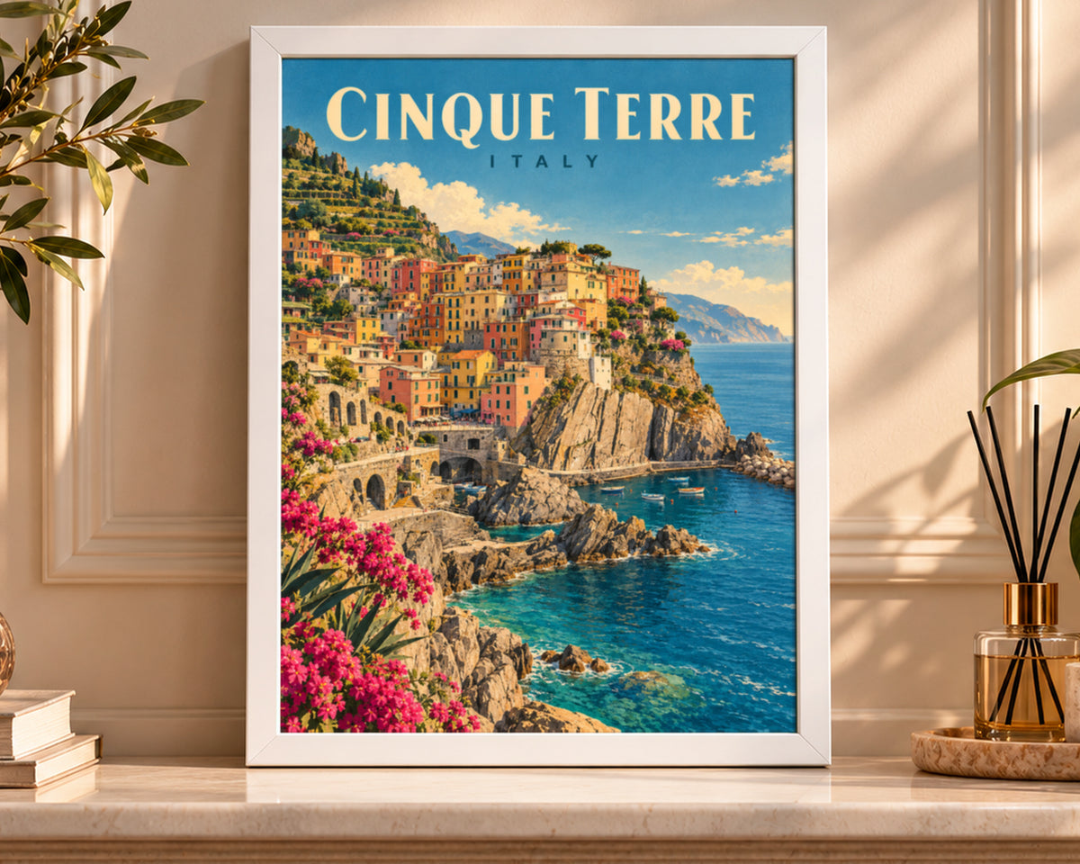 Cinque Terre Italy Coastline – Vintage Coastal Village Art Print