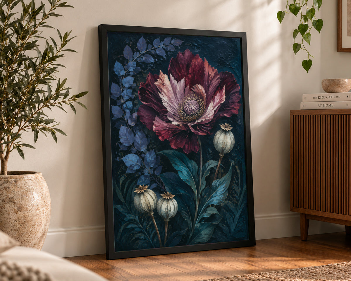 Crimson Bloom with Seed Pods – Dramatic Botanical Art Print