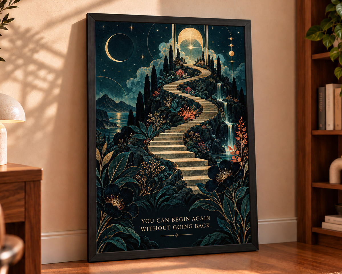 Celestial Stairway to Renewal – Renewal Quote Fantasy Landscape Poster