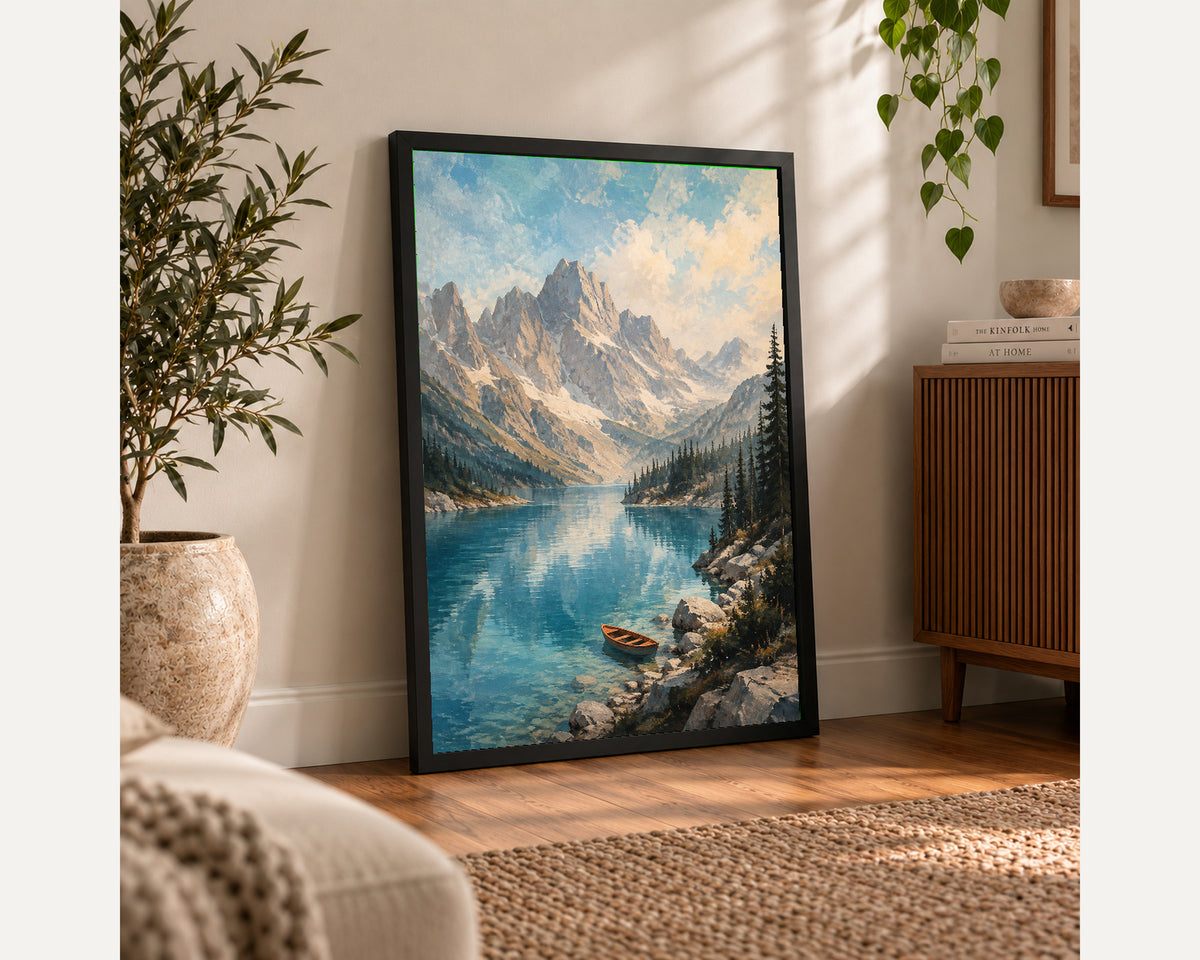 Alpine Lake and Rowboat – Serene Mountain Landscape Art Print