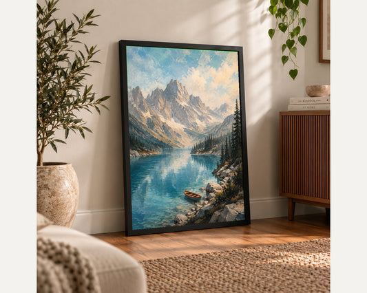 Alpine Lake and Rowboat – Serene Mountain Landscape Art Print
