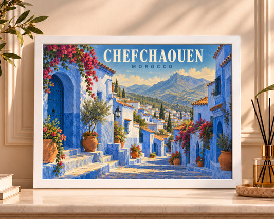 Chefchaouen Morocco Blue Street – Vintage Travel Poster Art Print
