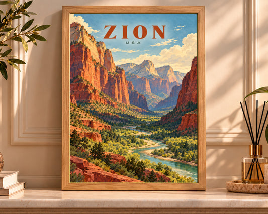 Zion Canyon Travel Poster – Retro Desert Landscape Wall Art