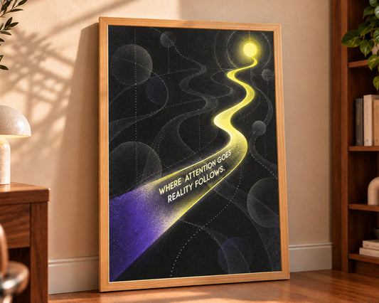 Where Attention Goes, Reality Follows – Abstract Typography Poster