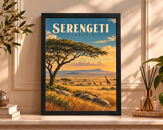 Serengeti Safari Sunset – Giraffes at the Acacia Tree Travel Wall Art