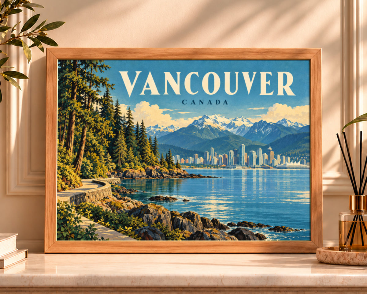 Vancouver Waterfront Poster – Vintage Travel Skyline Wall Art