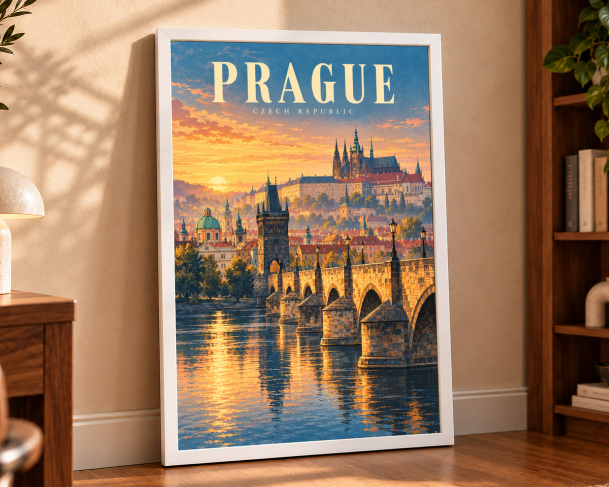 Prague Sunset Bridge – Vintage Travel Poster Art Print