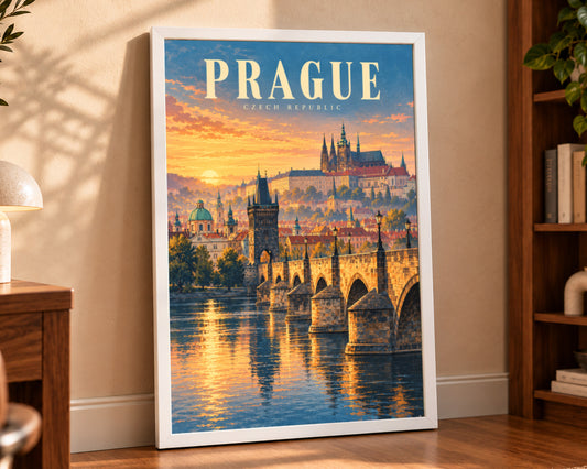 Prague Sunset Bridge – Vintage Travel Poster Art Print